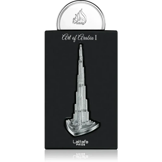 Zilverkleurige metalen replica van de burj khalifa op een zwarte doos labeled art of arabia i van lattafa pride product pride of arabia