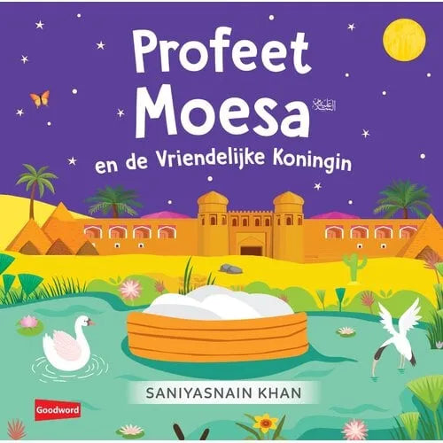 Kleurrijke kinderboekcover Profeet Moesa en de vriendelijke koningin voor jonge kinderen