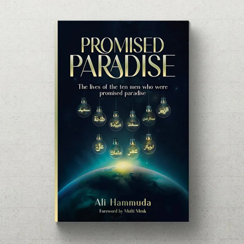 Boek Promised Paradise van Ali Hammuda met donkerblauwe omslag en gloeiende gloeilampen