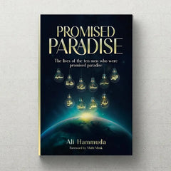 Boek Promised Paradise van Ali Hammuda met donkerblauwe omslag en gloeiende gloeilampen