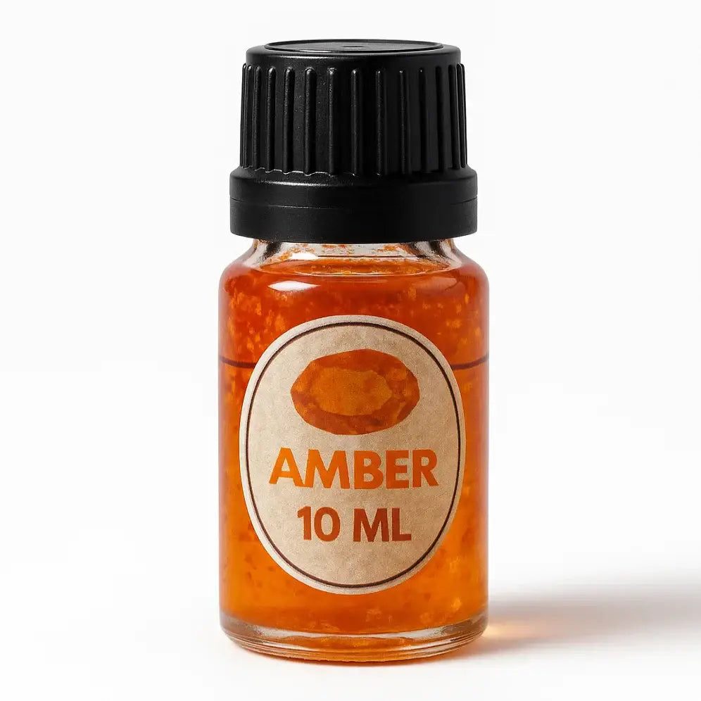 Een 10 ml amberkleurige essentiële olie fles met zwarte ribbelkroon en vintage label met oranje edelsteen illustration