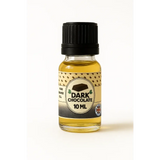 Een heldere glazen fles met zwarte dop bevat goudgeel chocoladeolie van 10 ml pure geurolie pure chocolade