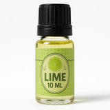 Een helder glazen flesje pure geurolie lime 10 ml met zwart geribbeld dopje en lichtgroene vloeistof