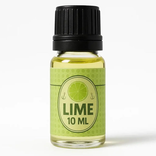 Een helder glazen flesje pure geurolie lime 10 ml met zwart geribbeld dopje en lichtgroene vloeistof