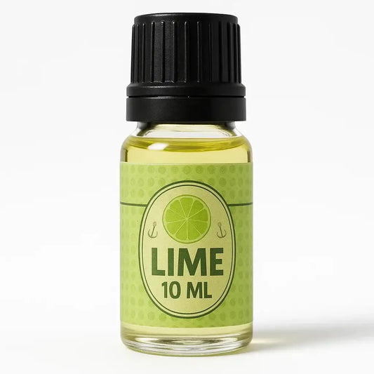 Een helder glazen flesje pure geurolie lime 10 ml met zwart geribbeld dopje en lichtgroene vloeistof