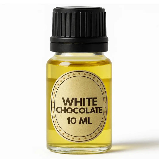 Pure geurolie witte chocolade in een heldere glazen fles met zwarte dop bevat 10 ml goudgele vloeistof