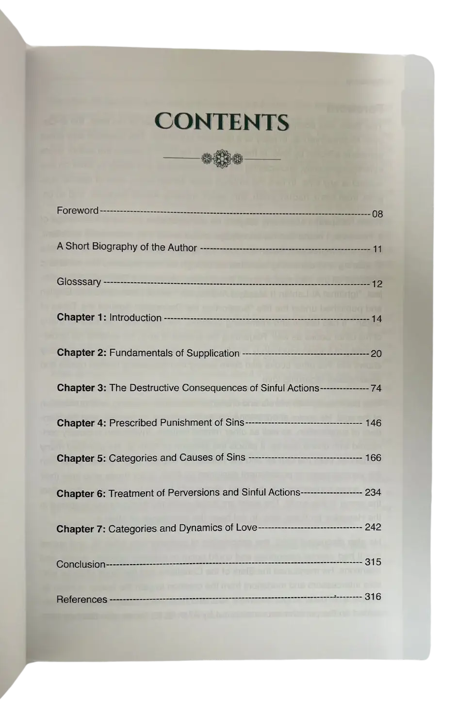 De inhoudsopgavepagina van purification of the heart and soul boek met zwarte tekst op off-white papier