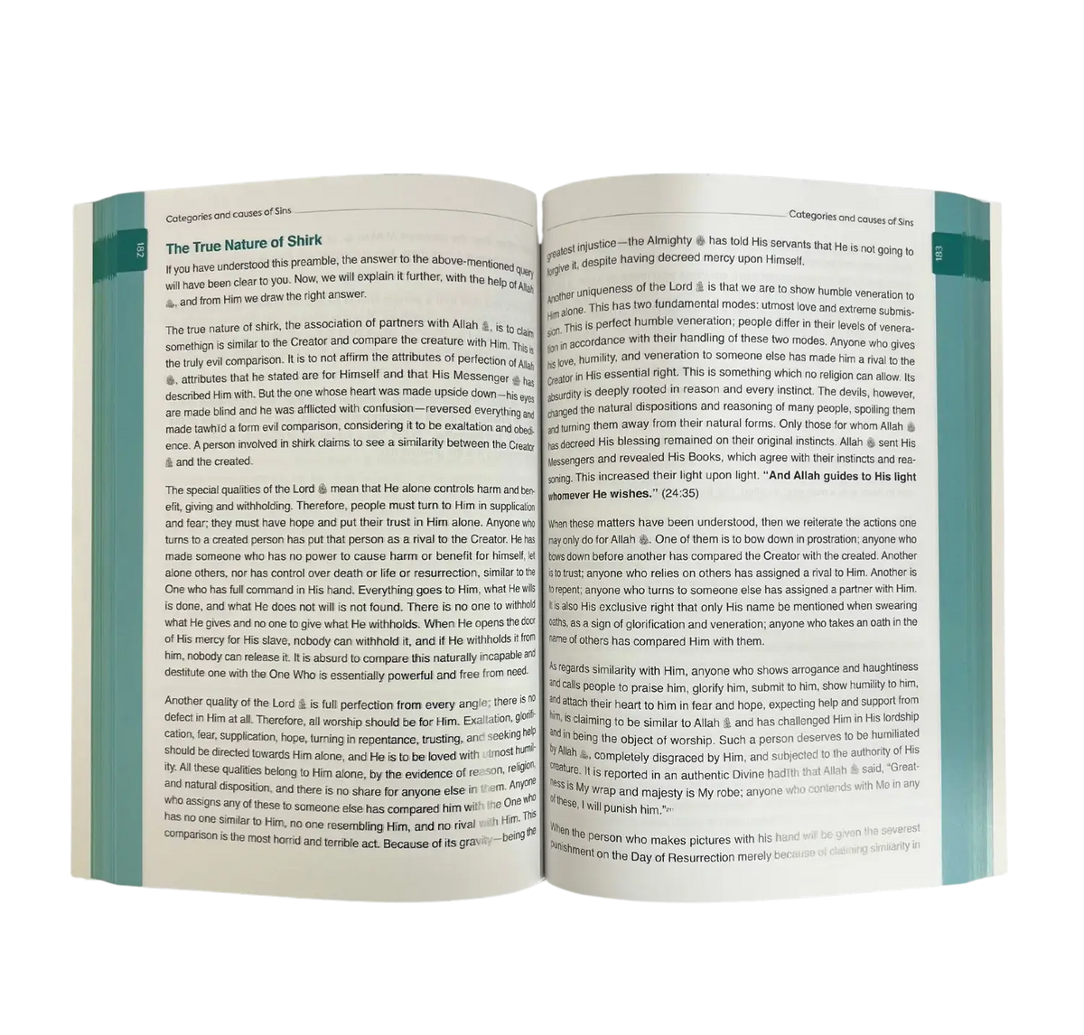 Open boek met zwarte tekst op witte pagina’s en groene rug in purification of the heart and soul illness and cure