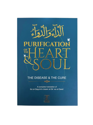 Blauw hardcover boek purification of the heart and soul met gouden letters en witte vogelmotieven over ziekte en genezing