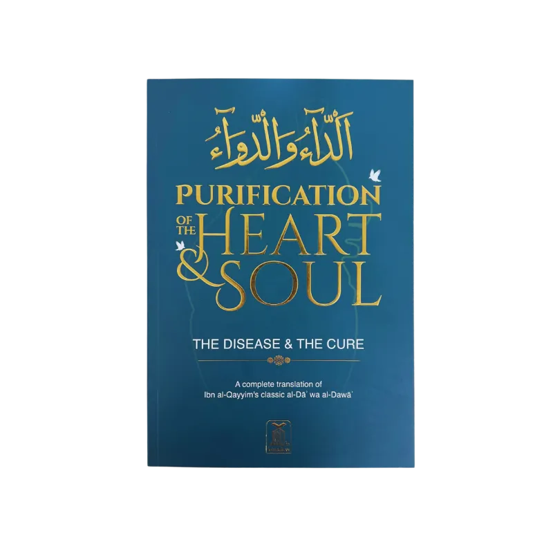 Blauw hardcover boek purification of the heart and soul met gouden letters en witte vogelmotieven over ziekte en genezing