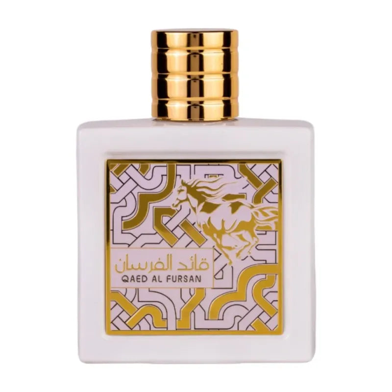 Witte parfumbottle met gouden accenten en Arabische kalligrafie, Qaed al Fursan Unlimited