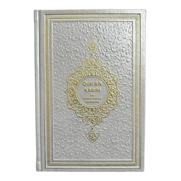 Quran kerim met nederlandse vertaling lichtgrijs met zilver en goudrijke gebonden kaft en gegraveerde bloemmotieven