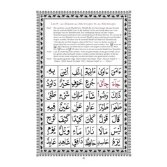 Zwarte-wit pagina uit Arabisch leerboek met al-madd al-muttaṣil wa al-munfasīl en Nederlandse vertalingen