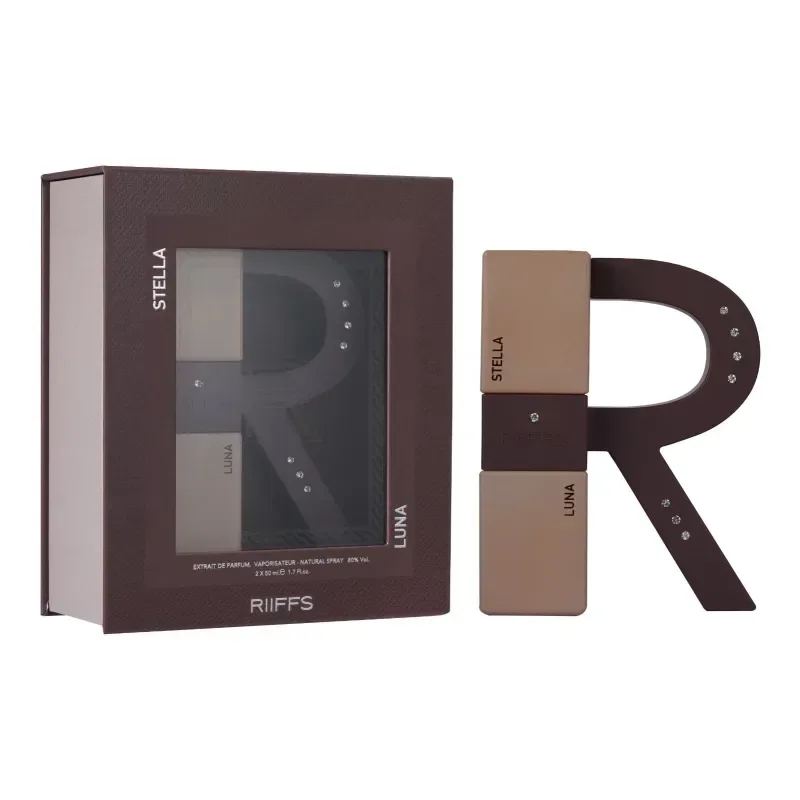 Bruin en beige lettervormige parfumfles met kristallen accenten van stella luna door riiffs edp 50 ml + 50 ml