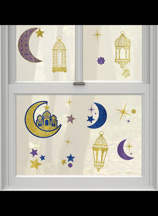 Glitterende raamstickers eid ramadan met golvende manen, lantaarns en sterren in goud, paars en blauw