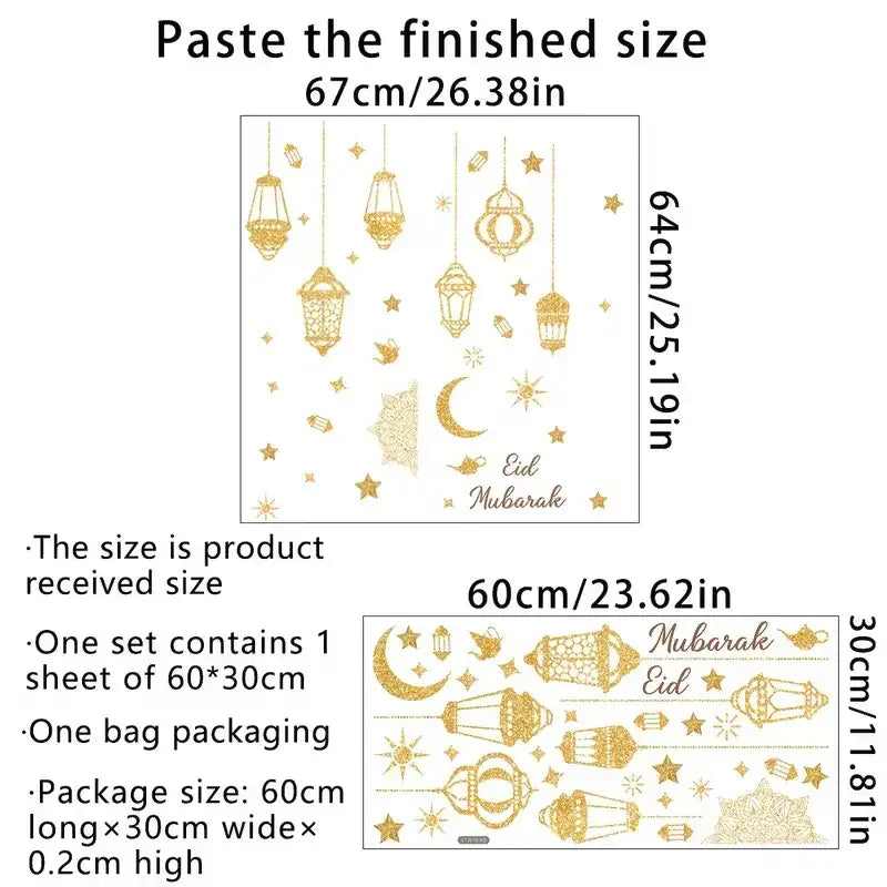 Goudfolie raamstickers met sierlijke lantaarns sterren manen en eid mubarak tekst voor eid en ramadan decoratie