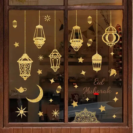 Gouden glitterende raamsstickers voor eid en ramadan met hangende lantaarns, sterren, maansikkel en tekst eid mubarak