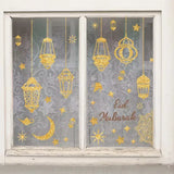 Golden glittery raamstickers met lantarens en sterren en eid mubarak tekst voor feestelijke eid en ramadan decoratie