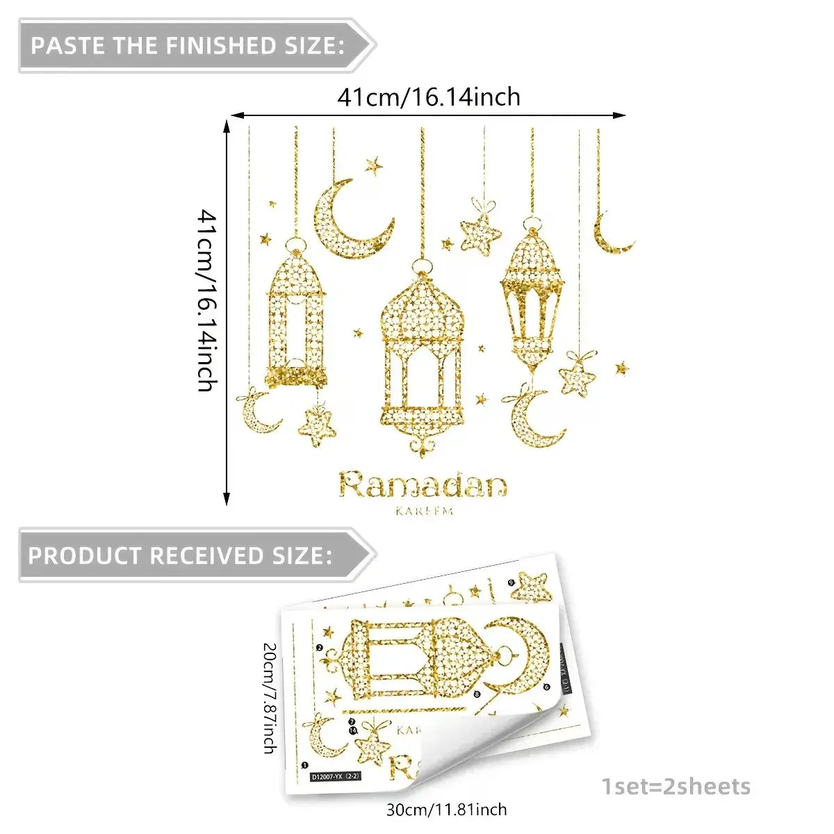 Golden glitter raamstickers voor ramadan met hangende lantaarns, maan en sterren als muurdecoratie