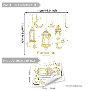 Golden glitter raamstickers voor ramadan met hangende lantaarns, maan en sterren als muurdecoratie