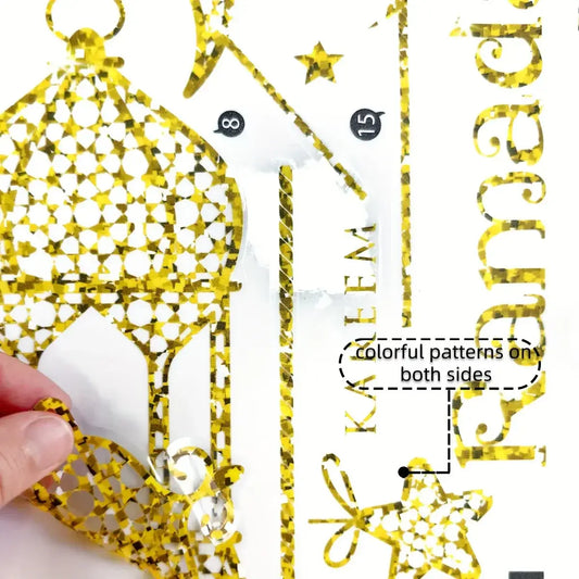 Gouden glitter ramadan lantaarn raamstickers met verfijnde sterren en geometrische patronen voor decoratie