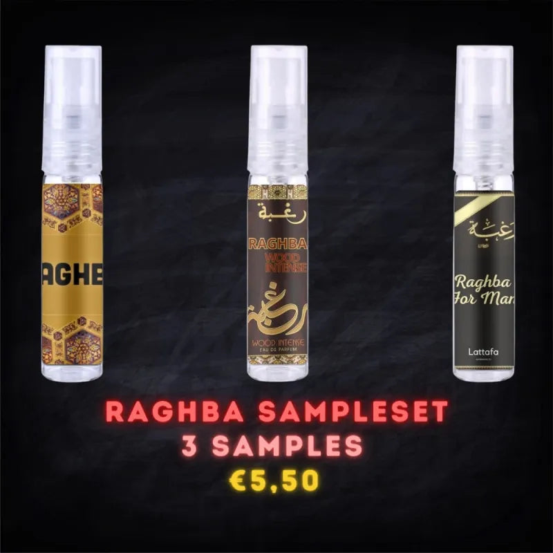 Drie parfum sample spray flessen van Raghba Sampleset geprijsd op €5,50