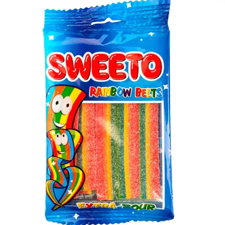 Een levendige blauwe verpakking van sweeto rainbow belts met kleurrijke zure regenboogstroken en een speels cartoonfiguur halal snoep 80g