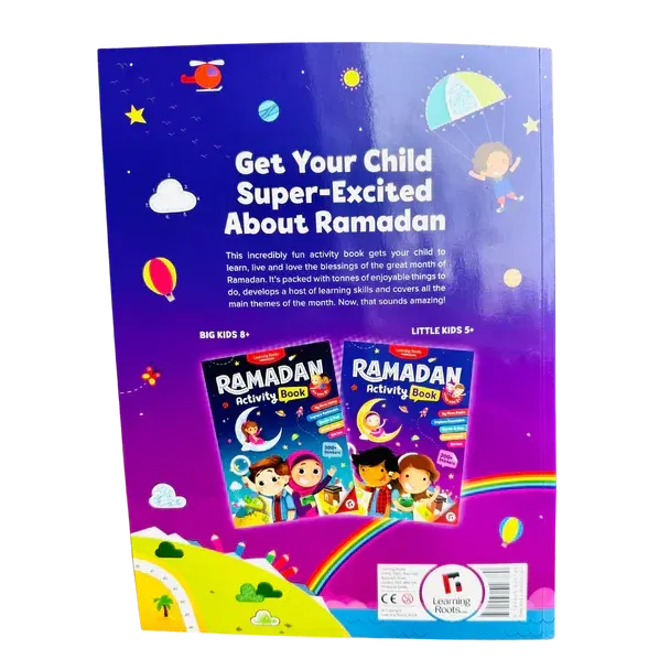 Achterzijde van paarse en blauwe ramadan activiteitensboek met kleurrijke illustraties van kinderen planeten en regenboog