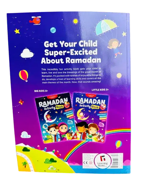 Achterzijde van paarse en blauwe ramadan activiteitensboek met kleurrijke illustraties van kinderen planeten en regenboog