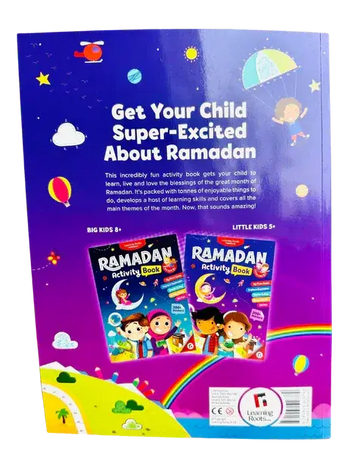 Achterzijde van paarse en blauwe ramadan activiteitensboek met kleurrijke illustraties van kinderen planeten en regenboog