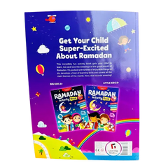 Achterzijde van paarse en blauwe ramadan activiteitensboek met kleurrijke illustraties van kinderen planeten en regenboog