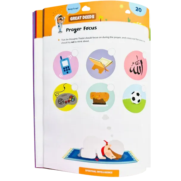 Open boek met kleurrijke geïllustreerde pagina’s en een gebedsfocus activiteit uit de ramadan activiteitboek voor kleine kinderen