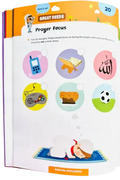 Open boek met kleurrijke geïllustreerde pagina’s en een gebedsfocus activiteit uit de ramadan activiteitboek voor kleine kinderen