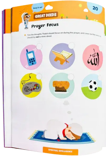 Open boek met kleurrijke geïllustreerde pagina’s en een gebedsfocus activiteit uit de ramadan activiteitboek voor kleine kinderen