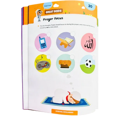 Open boek met kleurrijke geïllustreerde pagina’s en een gebedsfocus activiteit uit de ramadan activiteitboek voor kleine kinderen