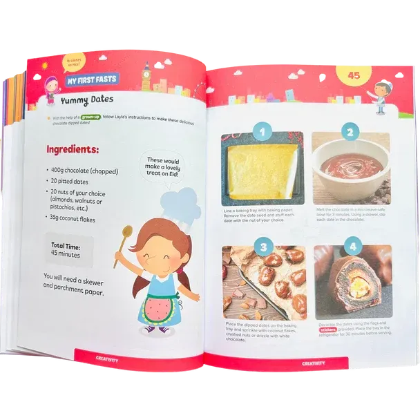 Open kinderkeukenboek pagina met recept voor lekkere dadels en kleurrijke illustraties in ramadan activiteitboek voor kleuters