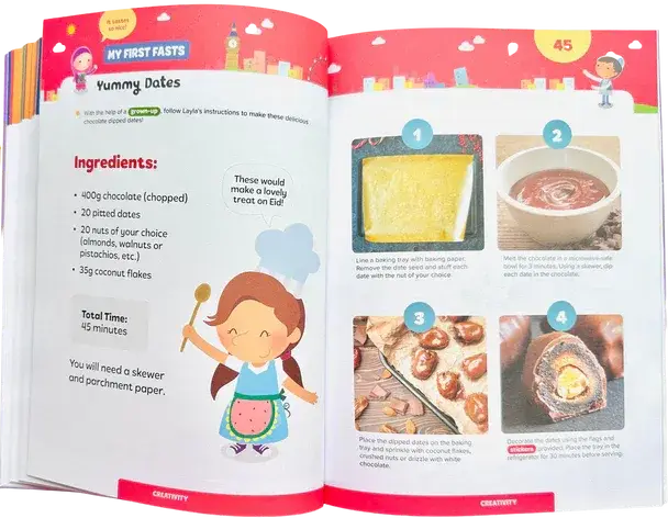 Open kinderkeukenboek pagina met recept voor lekkere dadels en kleurrijke illustraties in ramadan activiteitboek voor kleuters