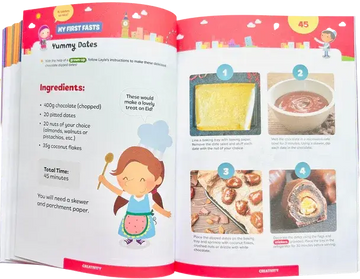 Open kinderkeukenboek pagina met recept voor lekkere dadels en kleurrijke illustraties in ramadan activiteitboek voor kleuters