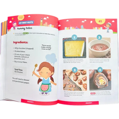 Open kinderkeukenboek pagina met recept voor lekkere dadels en kleurrijke illustraties in ramadan activiteitboek voor kleuters