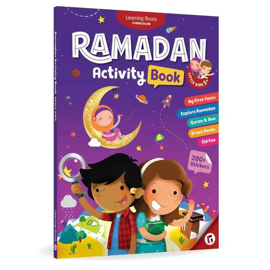 Paars ramadan activity book voor kleine kinderen met cartoon kinderen en meisje op de maan tegen een sterrennacht