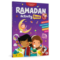 Paars ramadan activity book voor kleine kinderen met cartoon kinderen en meisje op de maan tegen een sterrennacht