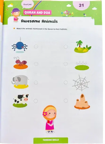 Ramadan activity book little kids with colorful cartoon animals and habitats like spider webs and palm trees