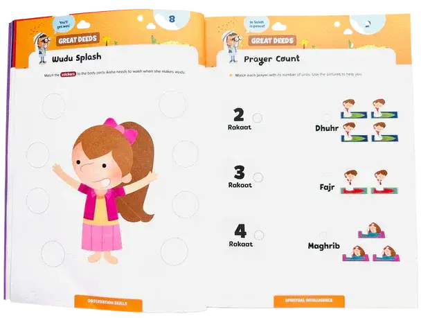 Ramadan activity book little kids met kleurrijke illustraties en activiteitenpagina’s voor het leren van gebedstijden