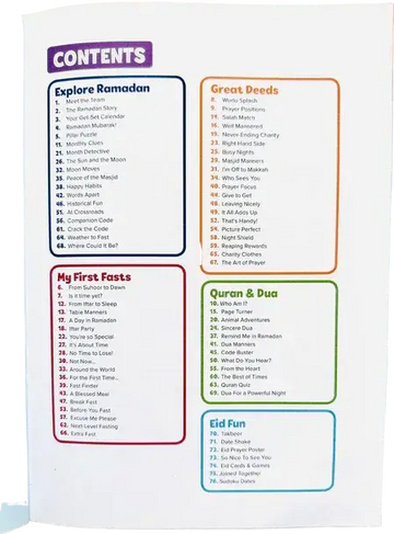 De inhoudsopgave van een ramadan-activiteitenboek voor kleine kinderen met kleurrijke secties en thema’s zoals explore ramadan en mijn eerste vasten