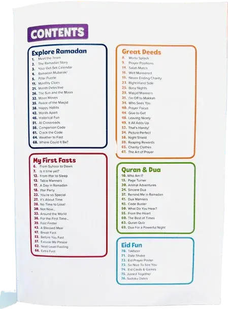 De inhoudsopgave van een ramadan-activiteitenboek voor kleine kinderen met kleurrijke secties en thema’s zoals explore ramadan en mijn eerste vasten