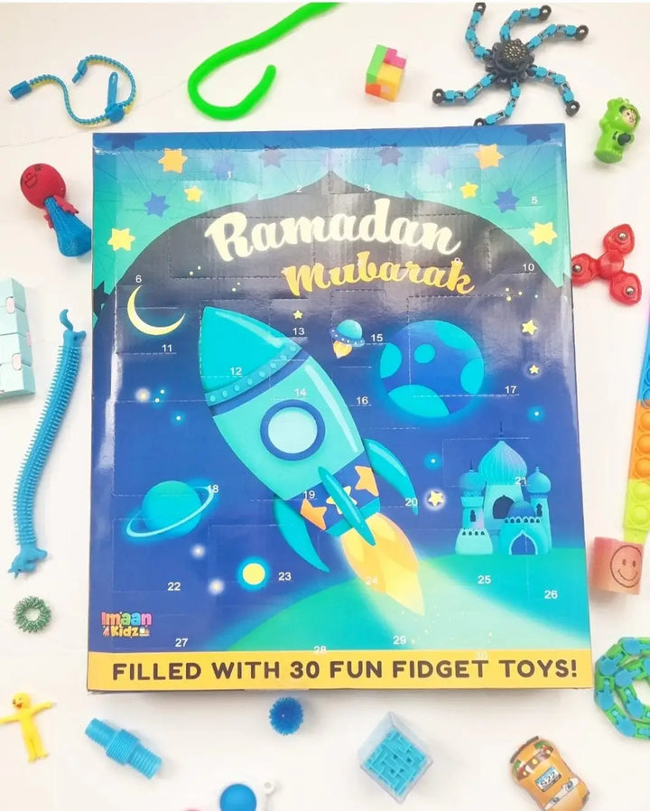 Ramadan kalender met speeltjes blauw gevuld met 30 leuke fidget toys in raket thema