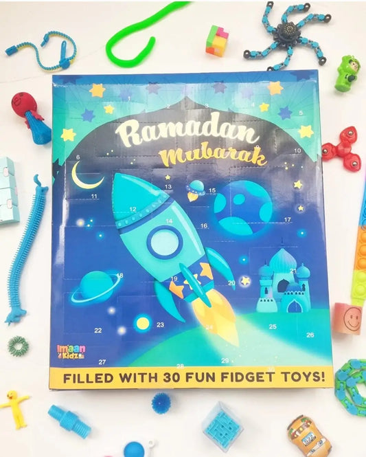 Ramadan kalender met speeltjes blauw gevuld met 30 leuke fidget toys in raket thema