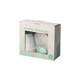 Mintgroene en witte ramadan mubarak decoratiebox met papieren bekers, borden en een klein cadeauzakje