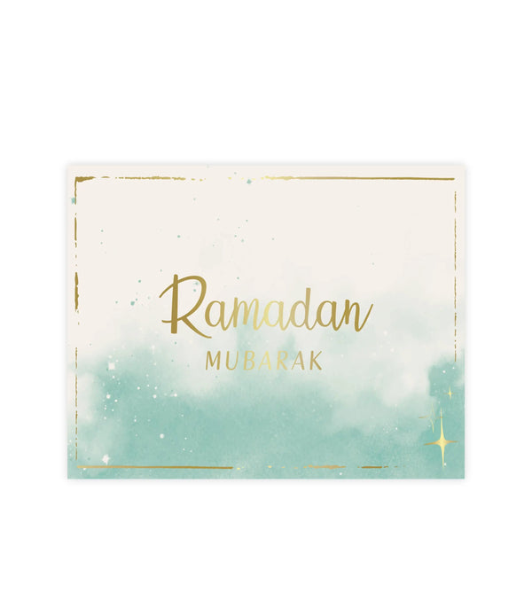 Delicate cream and teal Ramadan Mubarak watercolor greeting card with gold foil lettering and thin golden border