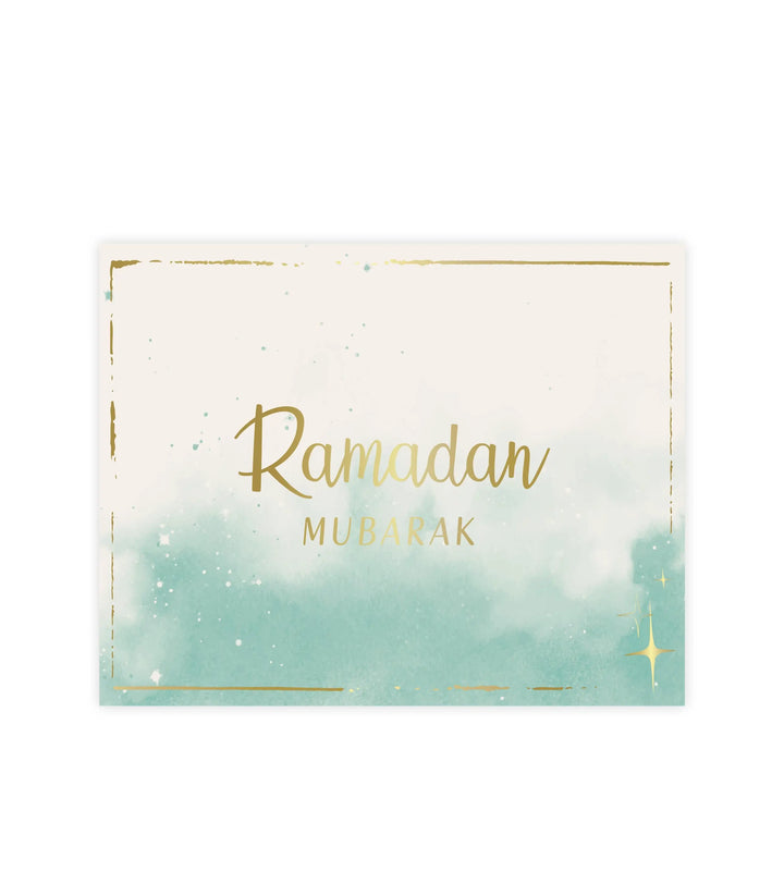 Delicate cream and teal Ramadan Mubarak watercolor greeting card with gold foil lettering and thin golden border